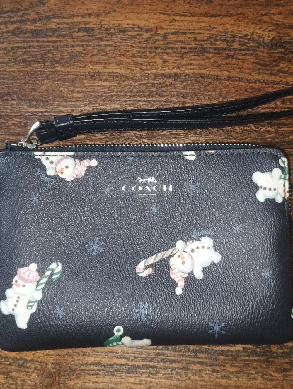 Coach Black Wristlet with Snowman Candy-Cane Print Gift Festive